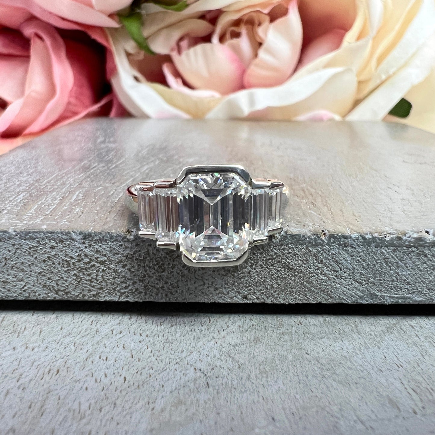 Emerald Cut Moissanite Engagement Ring For Ladies, 14k Gold Five Stone Bezel Set Moissanite Wedding Band, Moissanite Anniversary Band  #7107