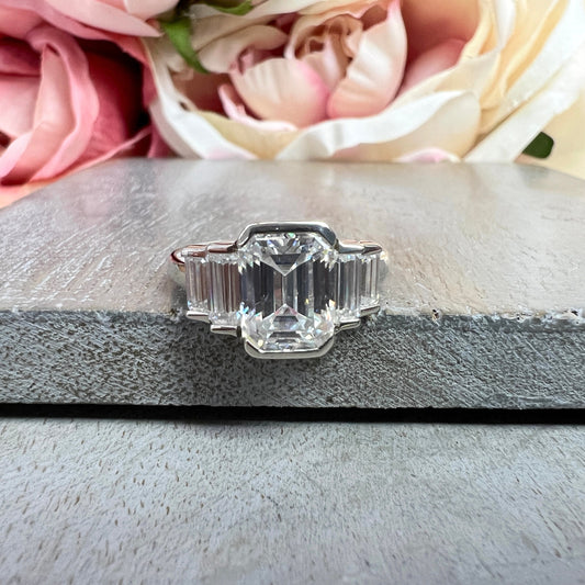 Emerald Cut Moissanite Engagement Ring For Ladies, 14k Gold Five Stone Bezel Set Moissanite Wedding Band, Moissanite Anniversary Band  #7107