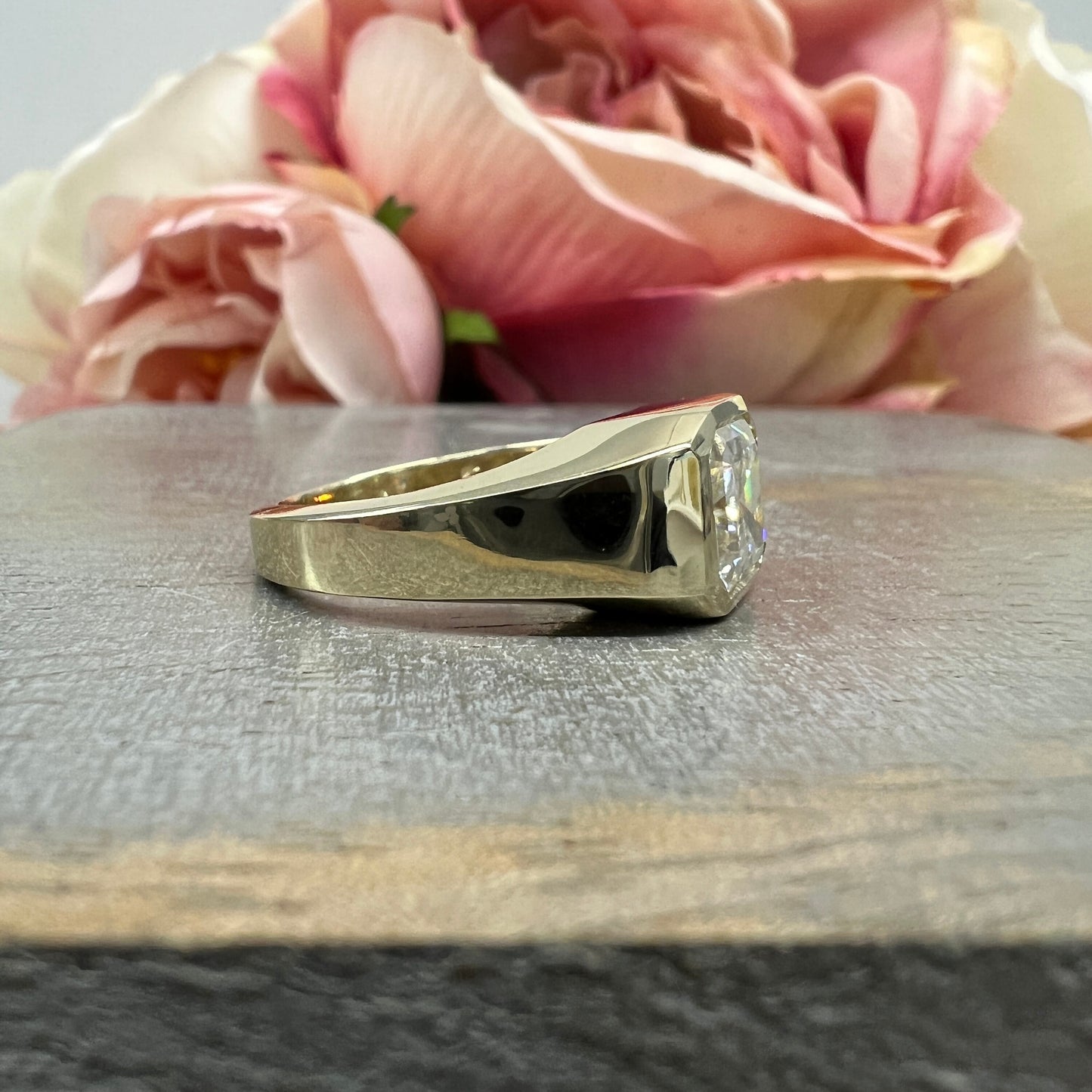 Men's Moissanite Wedding Band 14k Solid Gold Ring,  #7166 Men's Moissanite Asscher  Bezel Ring,  Men's Moissanite Solitaire Engagement Ring