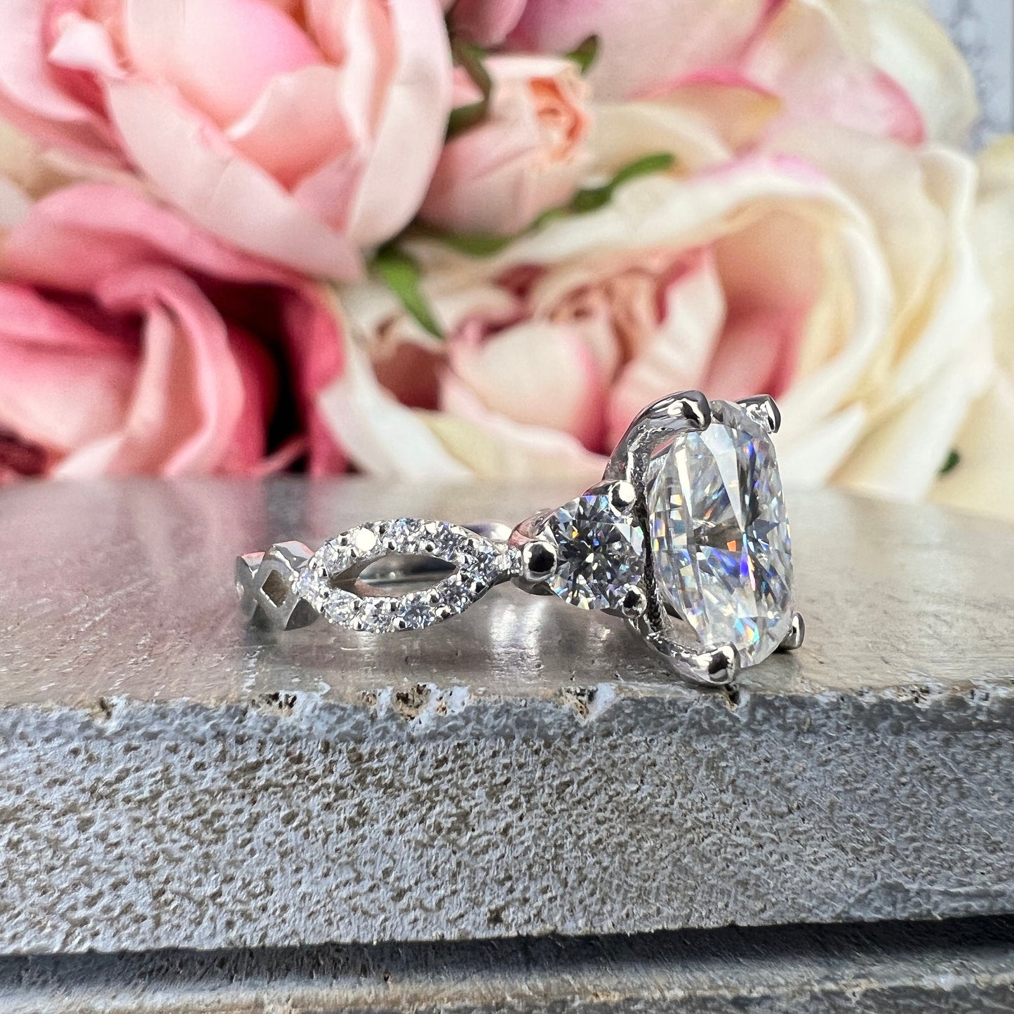 Moissanite Engagement Ring Elongated Cushion Cut Moissanite Engagement Ring White Gold Unique Vintage Wedding Anniversary Promise Ring #7378