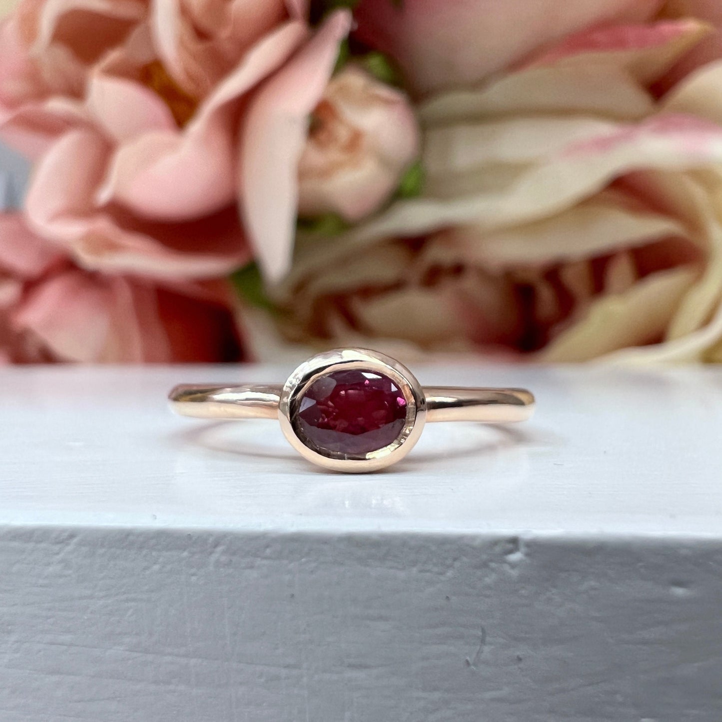 Ruby Ring , Oval Shaped Ruby Ring 14k Rose Gold , Minimalist Ruby Ring , Stacking Sideways Oval Promise Ring  , Dainty Stacking Ring  #5857
