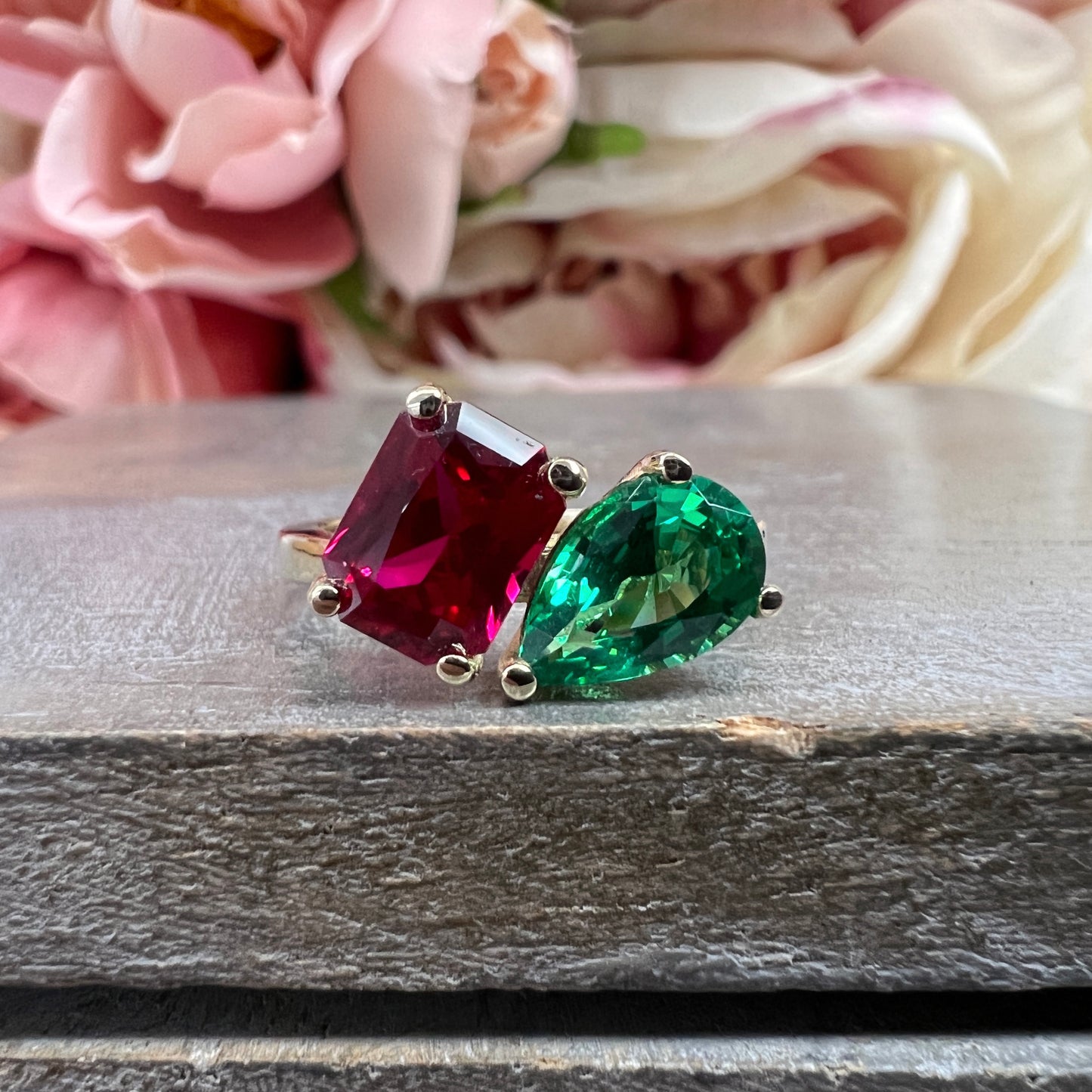 Toi Et Moi Ring Pear and Emerald Cut Engagement Ring White Gold Emerald and Ruby Toi Et Moi Promise Wedding Anniversary Ladies Rings #7397