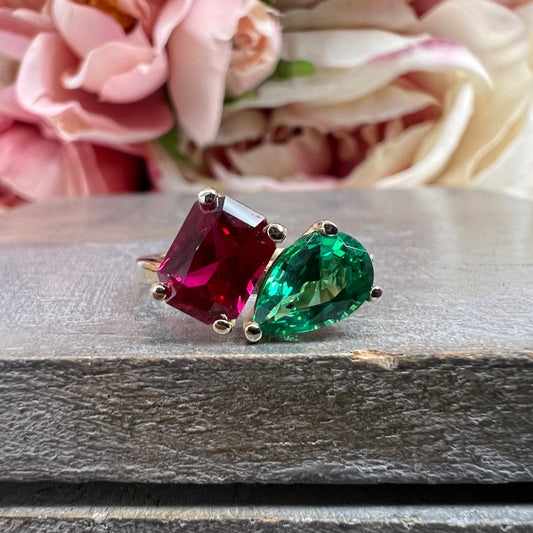 Toi Et Moi Ring Pear and Emerald Cut Engagement Ring White Gold Emerald and Ruby Toi Et Moi Promise Wedding Anniversary Ladies Rings #7397