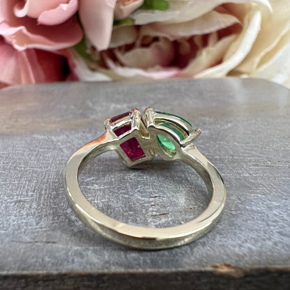 Toi Et Moi Ring Pear and Emerald Cut Engagement Ring White Gold Emerald and Ruby Toi Et Moi Promise Wedding Anniversary Ladies Rings #7397