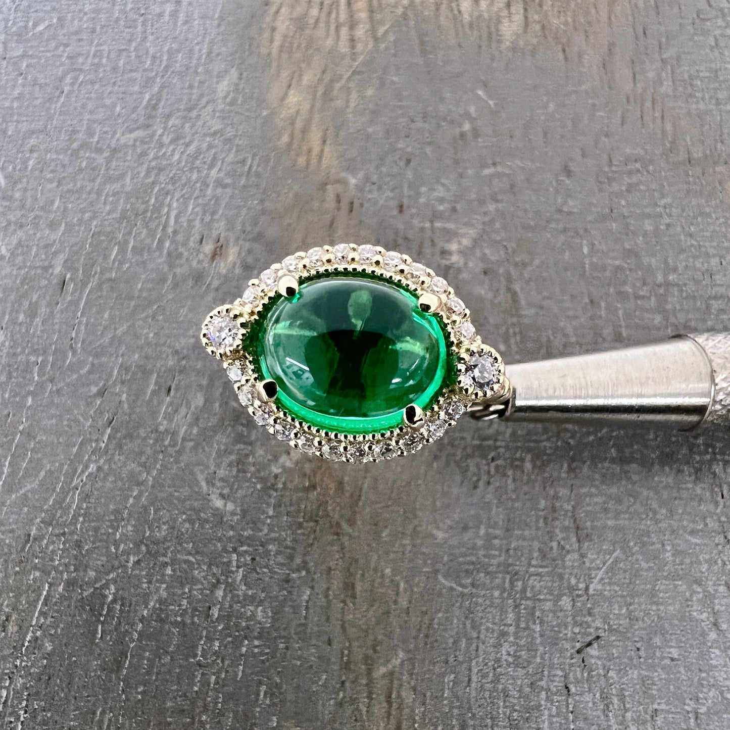 East West Vintage Oval Cabochon Emerald Engagement Ring 14K Solid Yellow Gold Unique Vintage Emerald Wedding Promise Anniversary Ring  #7401