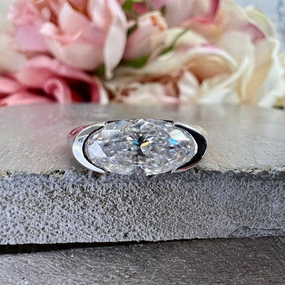 Elongated Oval  Moissanite East West Elongated Oval Moissanite White Gold Bezel Set Moissanite Unique Moissanite Promise Wedding Ring  #7353