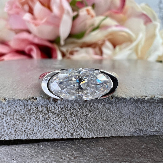 Elongated Oval  Moissanite East West Elongated Oval Moissanite White Gold Bezel Set Moissanite Unique Moissanite Promise Wedding Ring  #7353