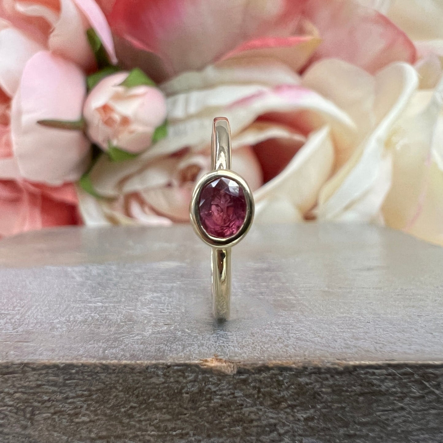 Oval Natural Ruby Ring For Women 14k Solid Yellow Gold, Bezel Set Ruby Ring Minimalist, Thin Ruby Stacking Ring July Birthstone Ring, #5841