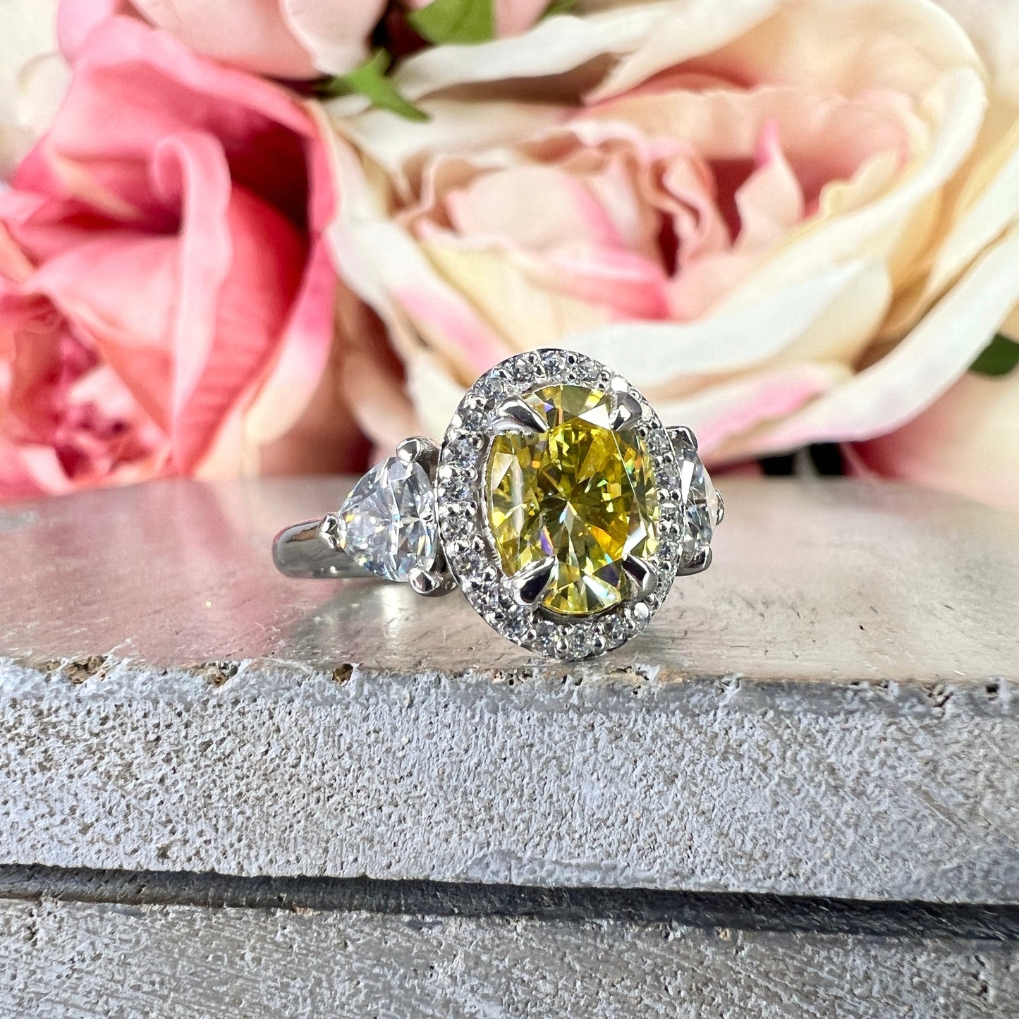Oval Shaped Yellow Moissanite Engagement Ring White Gold Three Stone Moissanite Engagement Rings Unique Vintage Wedding Promise Ring  #7403