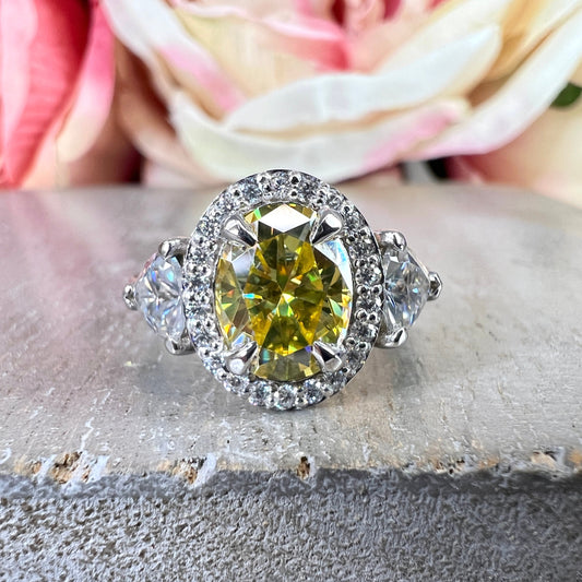 Oval Shaped Yellow Moissanite Engagement Ring White Gold Three Stone Moissanite Engagement Rings Unique Vintage Wedding Promise Ring  #7403
