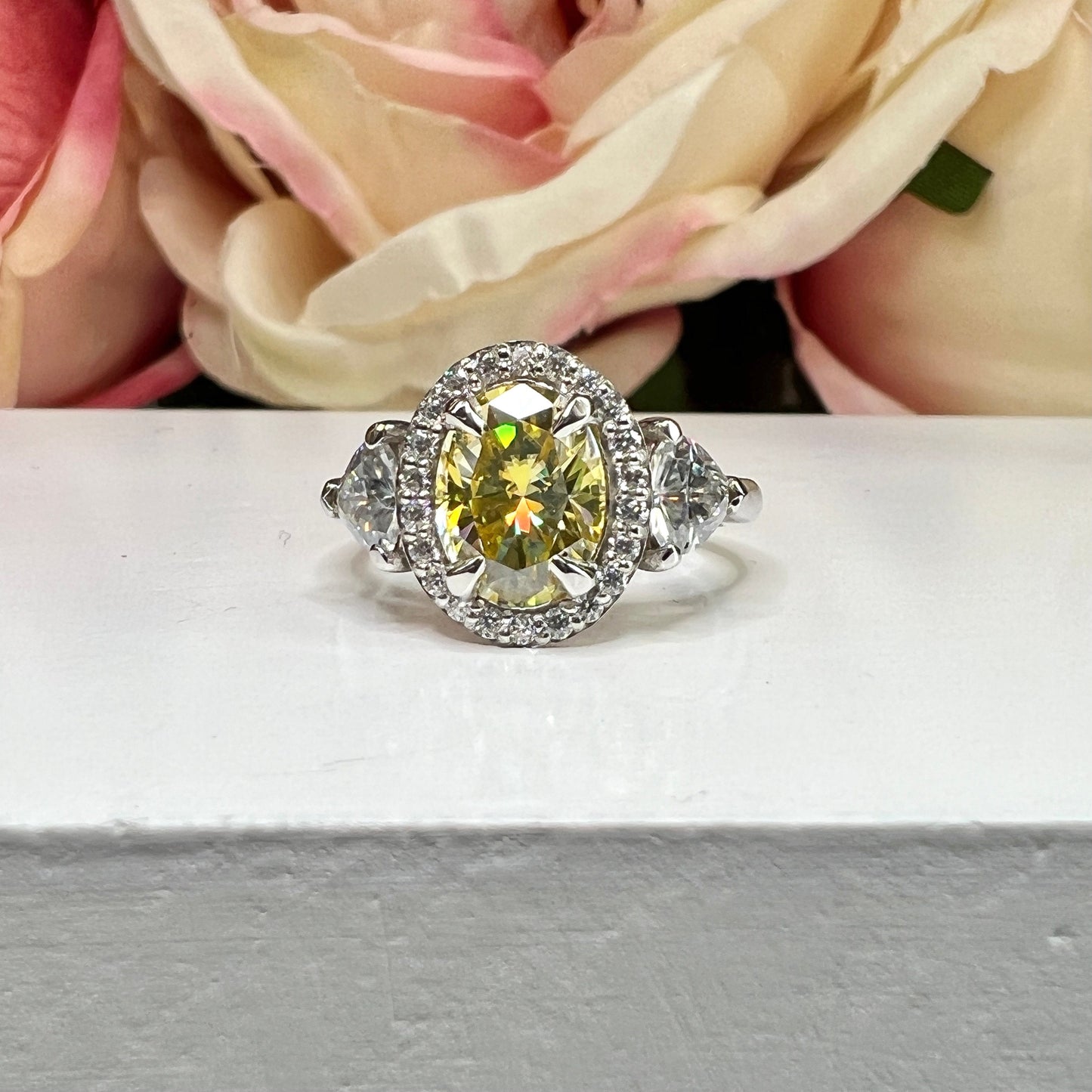 Oval Shaped Yellow Moissanite Engagement Ring White Gold Three Stone Moissanite Engagement Rings Unique Vintage Wedding Promise Ring  #7403