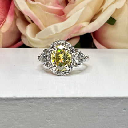 Oval Shaped Yellow Moissanite Engagement Ring White Gold Three Stone Moissanite Engagement Rings Unique Vintage Wedding Promise Ring  #7403