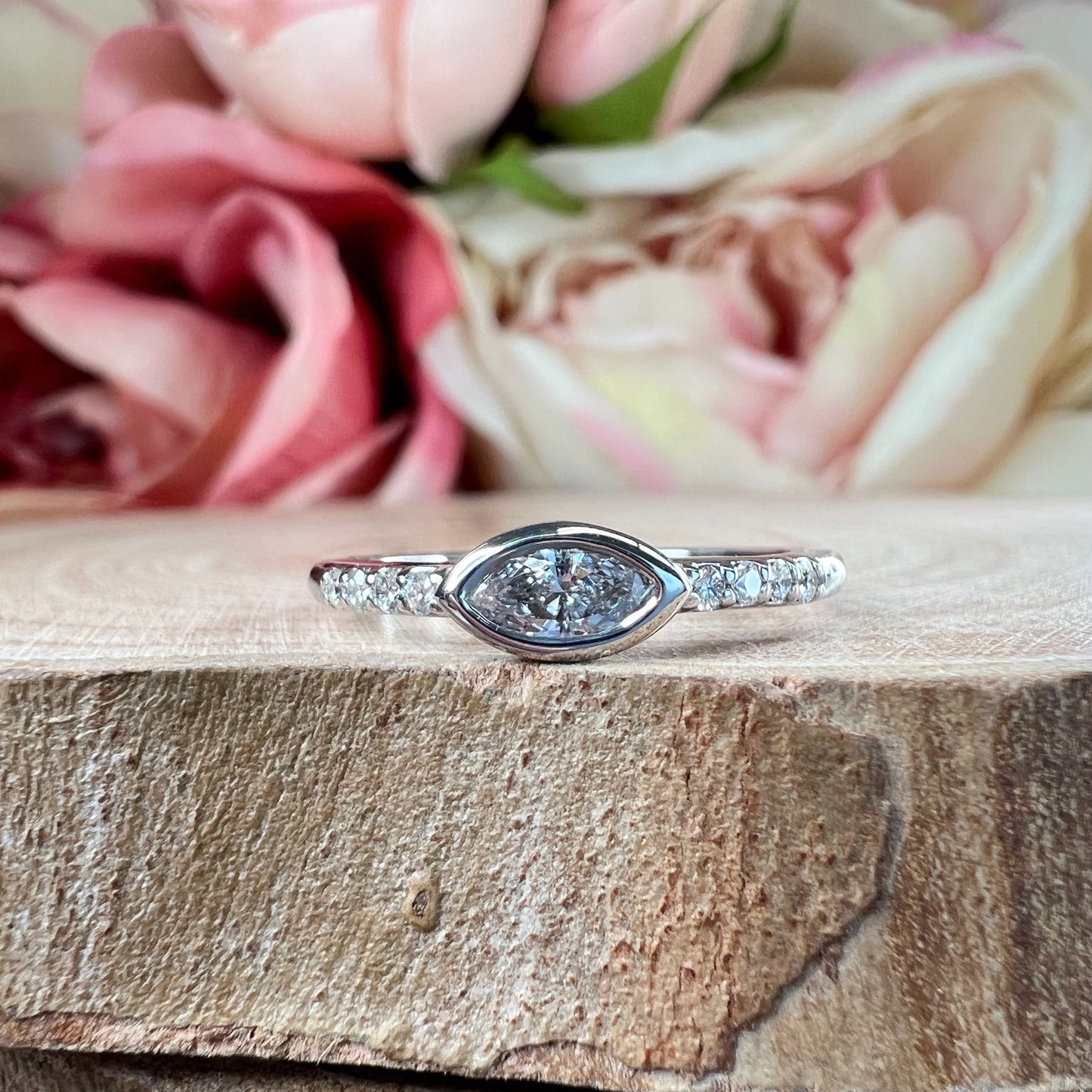 Stackable marquise diamond ring, salt and pepper diamond band, 14k white gold #5874