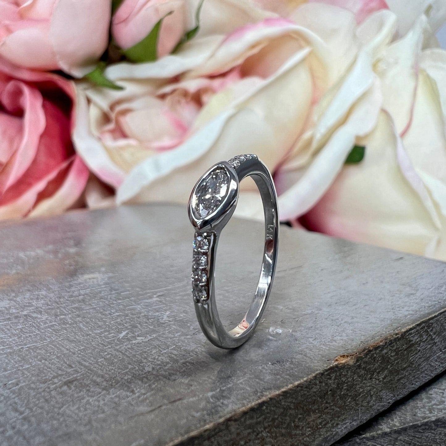 Stackable marquise diamond ring, salt and pepper diamond band, 14k white gold #5874