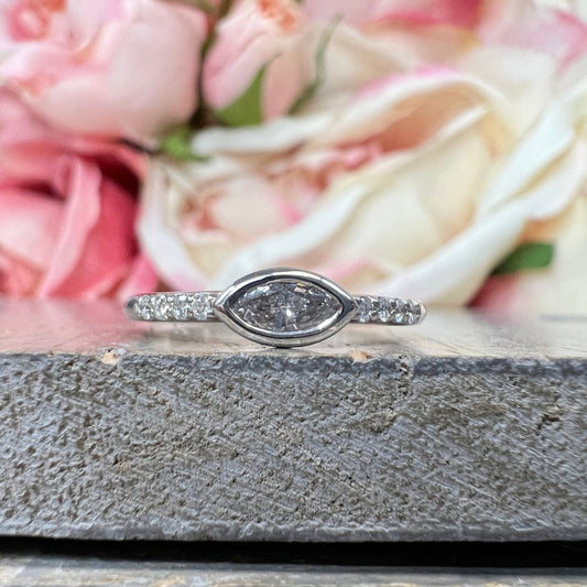 Stackable marquise diamond ring, salt and pepper diamond band, 14k white gold #5874