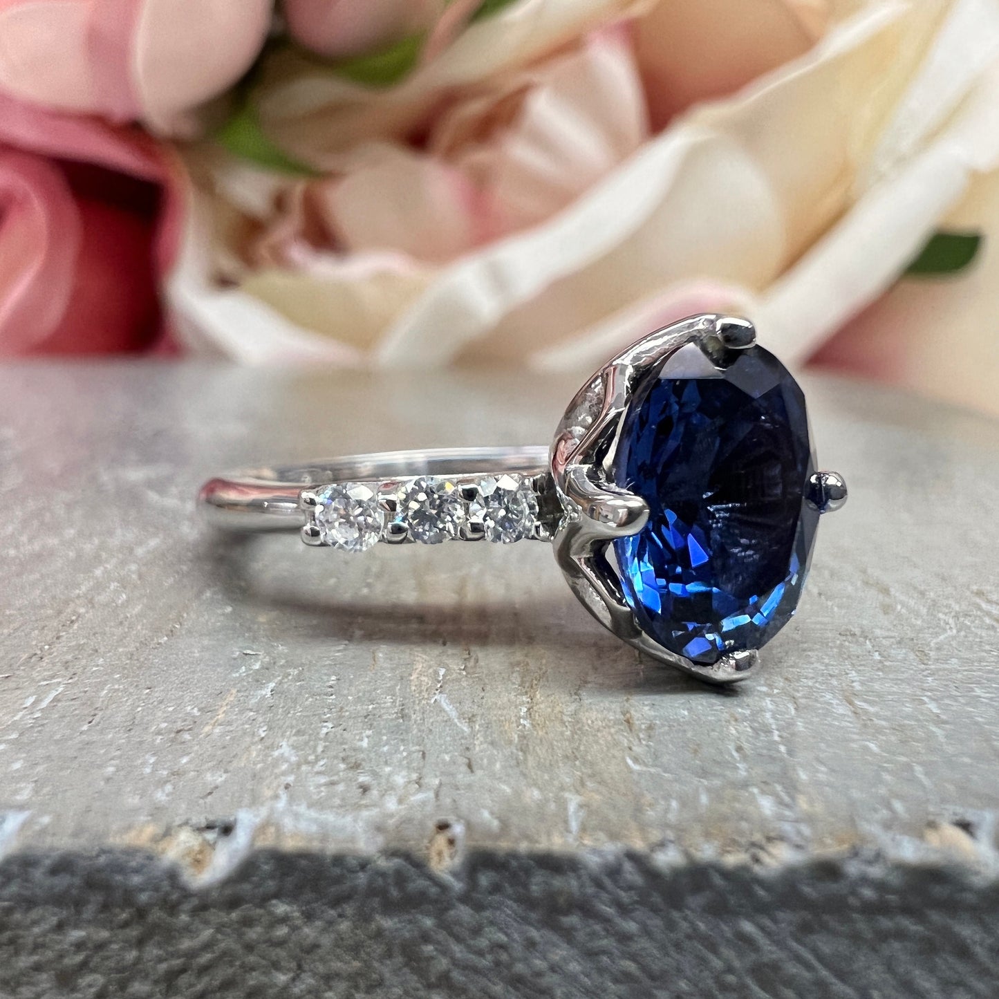 Oval Blue Sapphire Diamond Accents Engagement Ring  14k White Gold Oval Sapphire Wedding Ring Women Unique Anniversary Wedding Rings   #5398