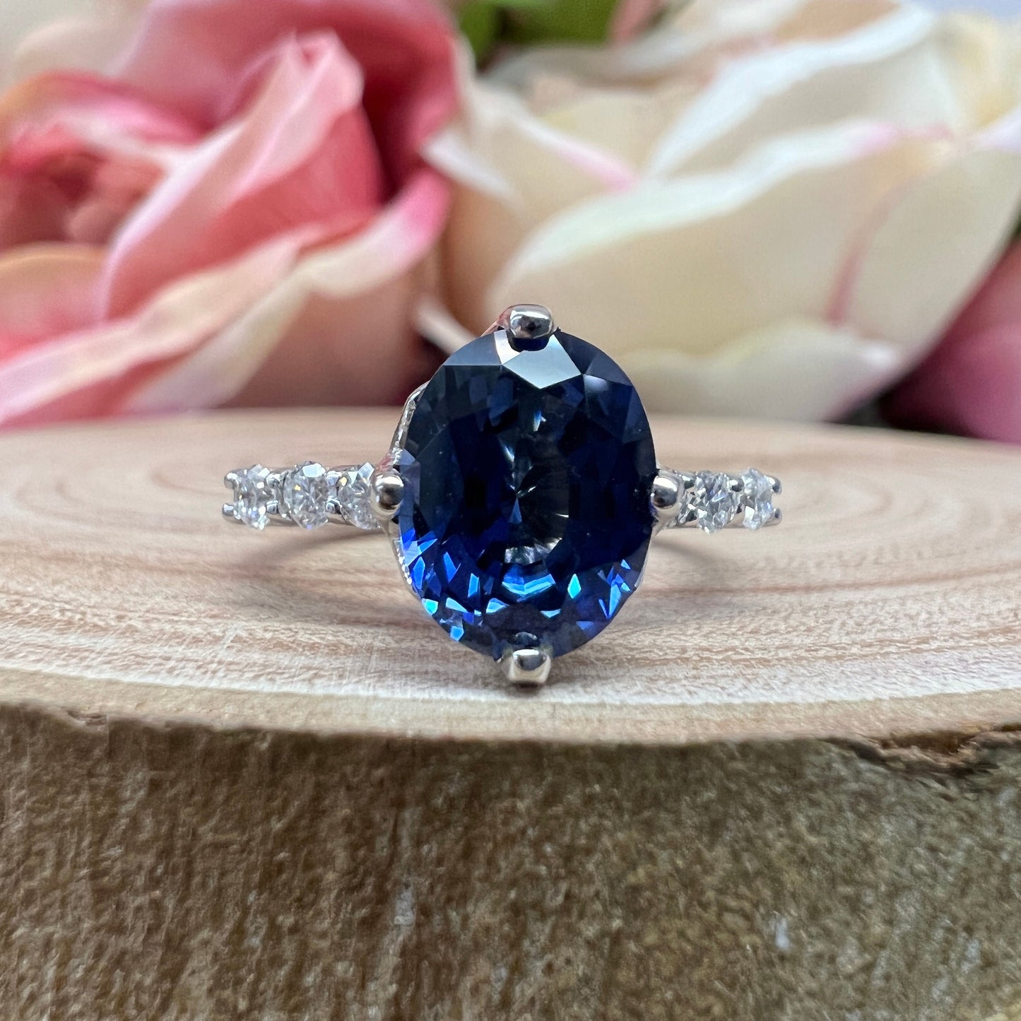 Oval Blue Sapphire Diamond Accents Engagement Ring  14k White Gold Oval Sapphire Wedding Ring Women Unique Anniversary Wedding Rings   #5398