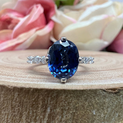 Oval Blue Sapphire Diamond Accents Engagement Ring  14k White Gold Oval Sapphire Wedding Ring Women Unique Anniversary Wedding Rings   #5398