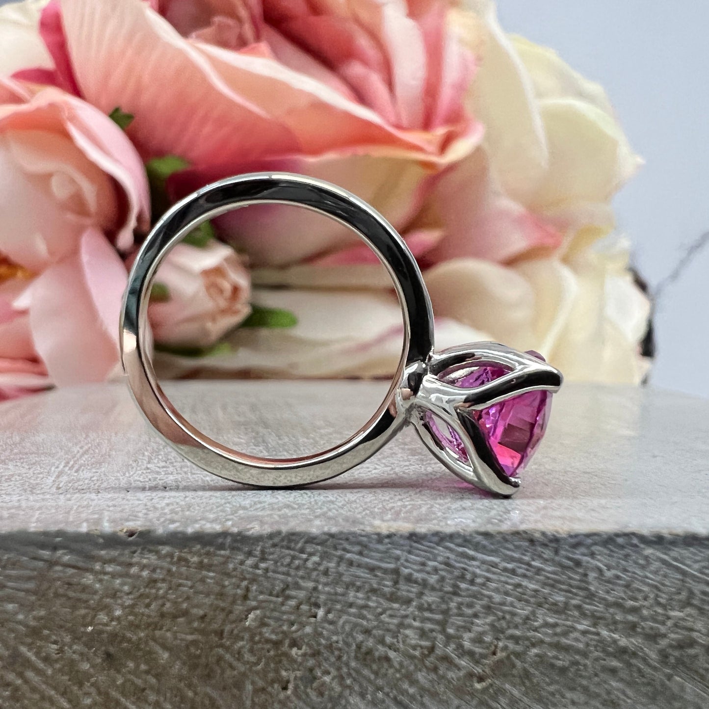 Round Pink Sapphire Solitaire Ladies Ring, Round Extra Facet Solitaire Engagement Ring, 14k White Gold Pink Sapphire Statement Ring    #6465