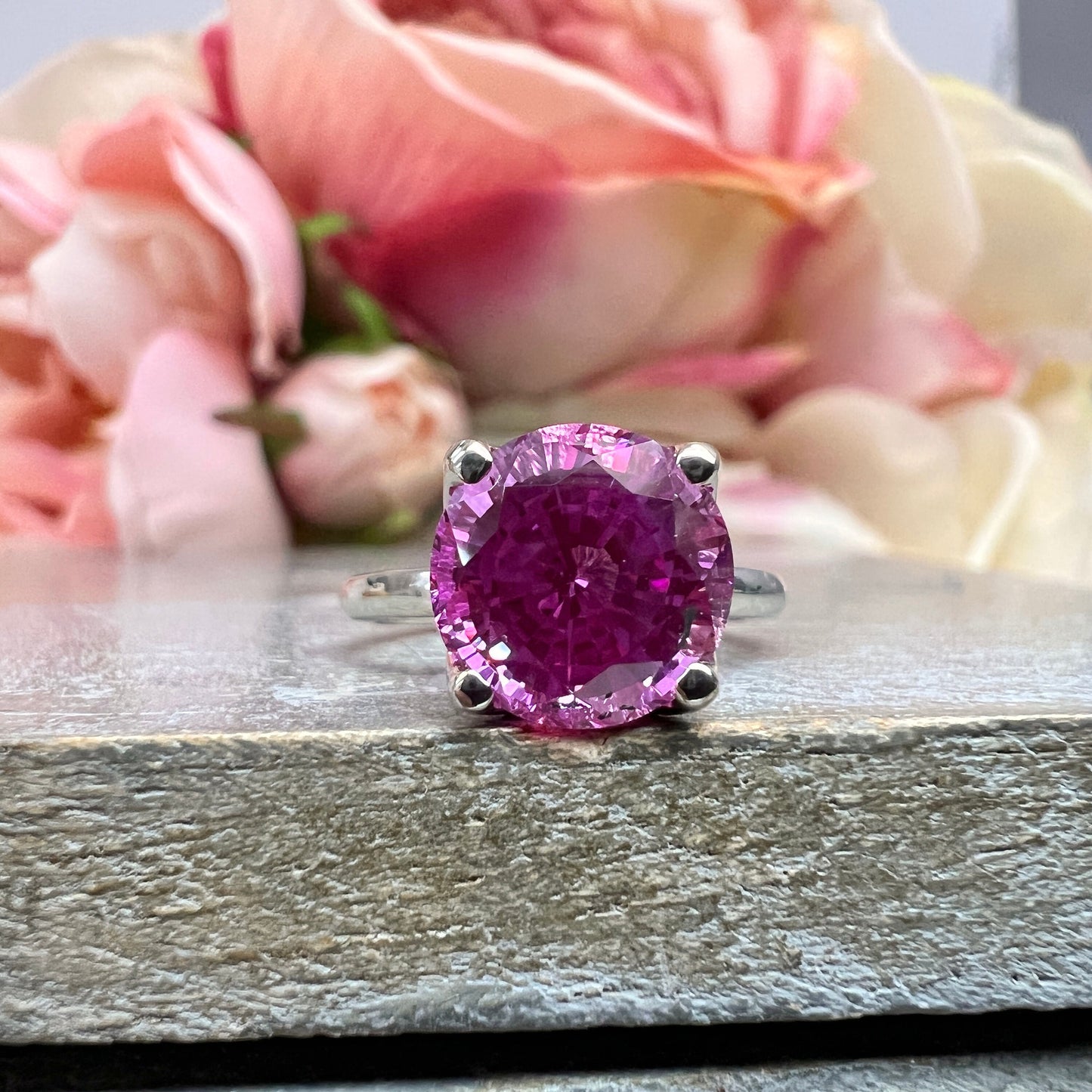Round Pink Sapphire Solitaire Ladies Ring, Round Extra Facet Solitaire Engagement Ring, 14k White Gold Pink Sapphire Statement Ring    #6465