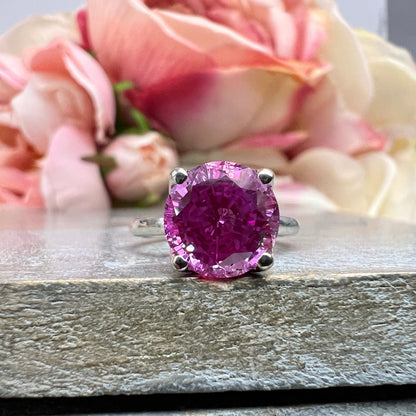 Round Pink Sapphire Solitaire Ladies Ring, Round Extra Facet Solitaire Engagement Ring, 14k White Gold Pink Sapphire Statement Ring    #6465