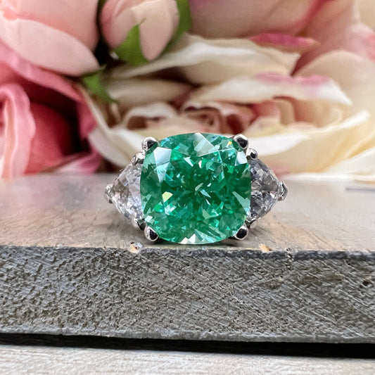 Cushion cut paraiba tourmaline engagement ring 14K white gold, three stone green unique vintage style paraiba tourmaline wedding ring, #7498