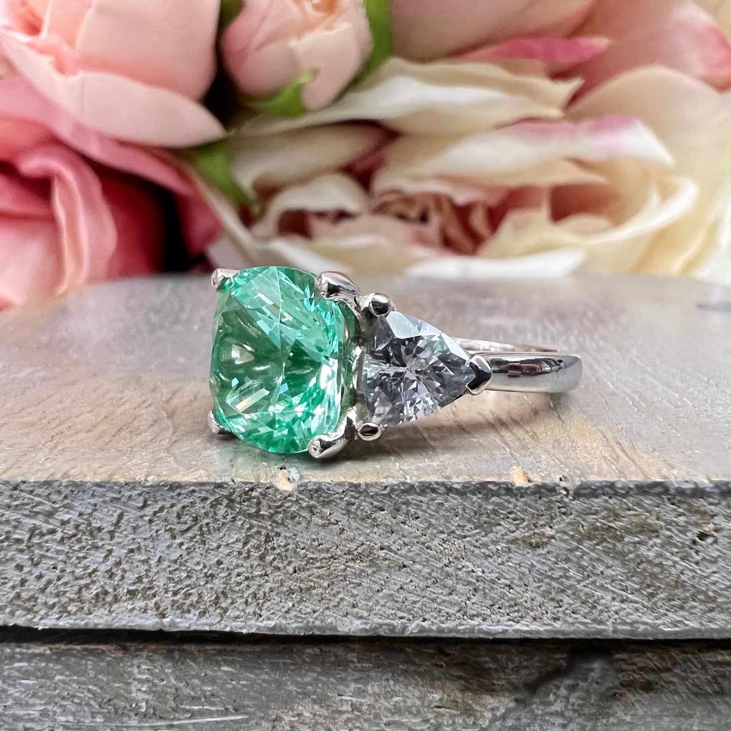 Cushion cut paraiba tourmaline engagement ring 14K white gold, three stone green unique vintage style paraiba tourmaline wedding ring, #7498