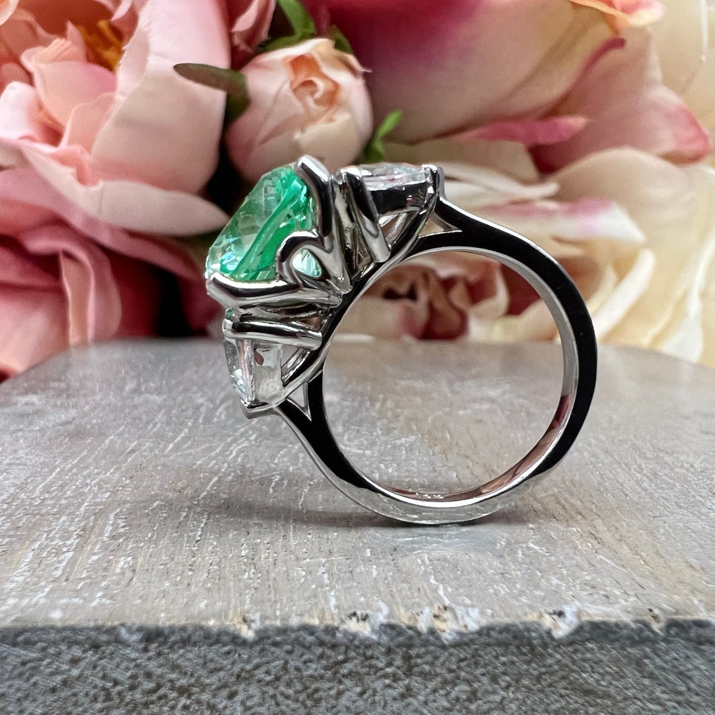 Cushion cut paraiba tourmaline engagement ring 14K white gold, three stone green unique vintage style paraiba tourmaline wedding ring, #7498