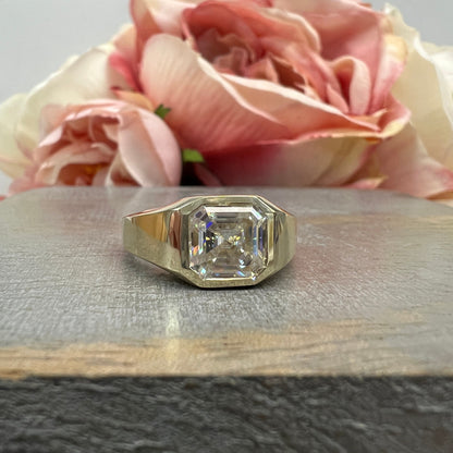 Men's Moissanite Wedding Band 14k Solid Gold Ring,  #7166 Men's Moissanite Asscher  Bezel Ring,  Men's Moissanite Solitaire Engagement Ring
