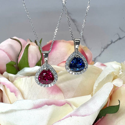 Trillion Blue Sapphire Pendant Necklace White Gold  Sapphire and Moissanite Halo Pendant Unique Wedding Anniversary Bridal Necklace    #7422