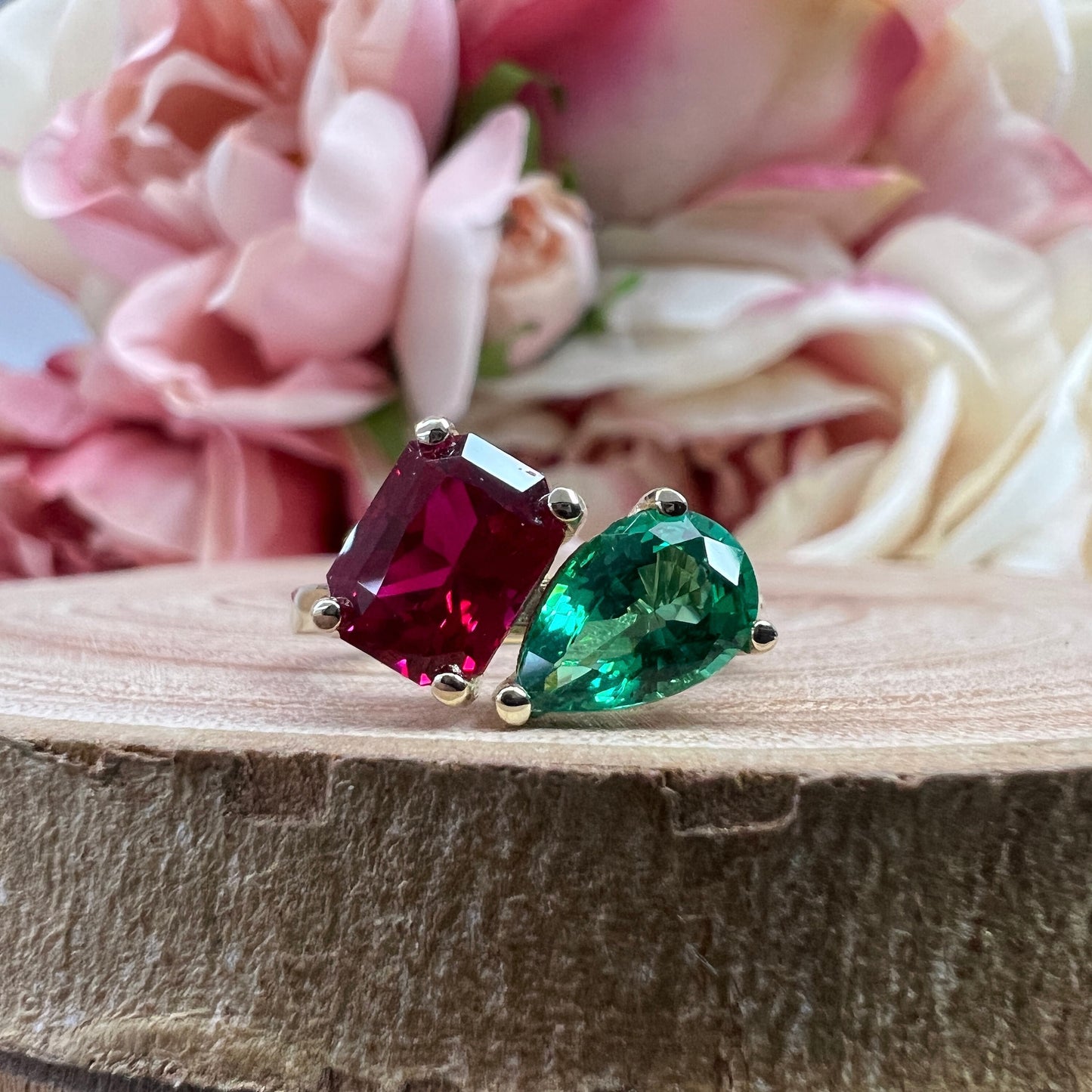 Toi Et Moi Ring Pear and Emerald Cut Engagement Ring White Gold Emerald and Ruby Toi Et Moi Promise Wedding Anniversary Ladies Rings #7397
