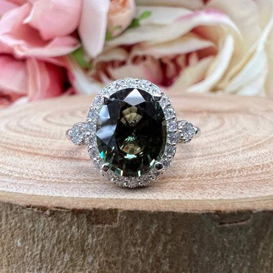 Olive Green Oval Sapphire With Moissanite Halo  Vintage Emerald Oval Cut Engagement Ring 14K Solid White Gold Unique Promise Wedding  #7398