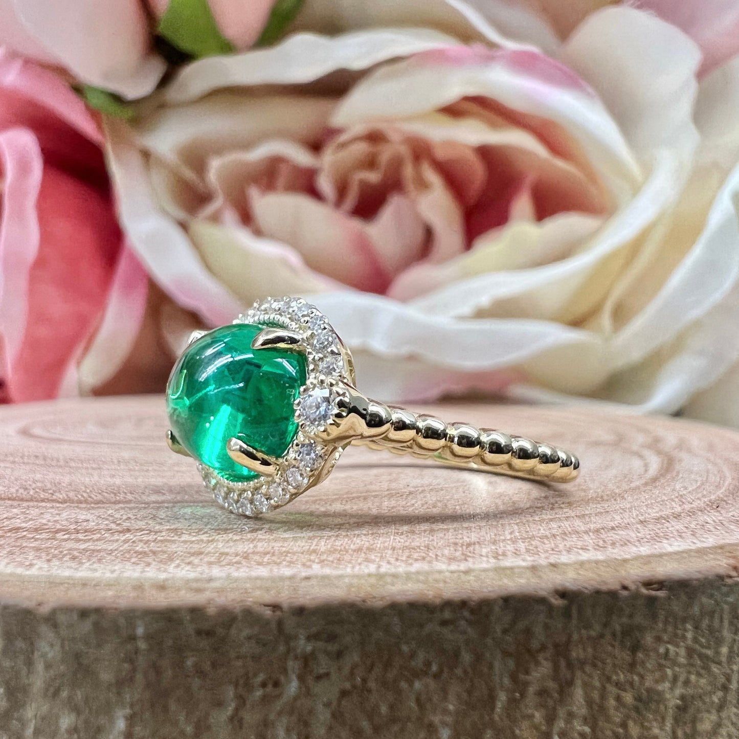 East West Vintage Oval Cabochon Emerald Engagement Ring 14K Solid Yellow Gold Unique Vintage Emerald Wedding Promise Anniversary Ring  #7401