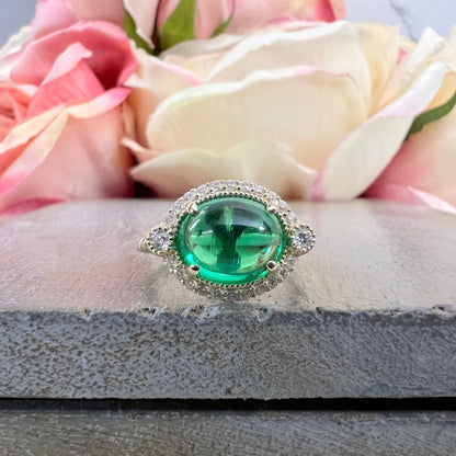 East West Vintage Oval Cabochon Emerald Engagement Ring 14K Solid Yellow Gold Unique Vintage Emerald Wedding Promise Anniversary Ring  #7401