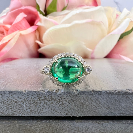 East West Vintage Oval Cabochon Emerald Engagement Ring 14K Solid Yellow Gold Unique Vintage Emerald Wedding Promise Anniversary Ring  #7401