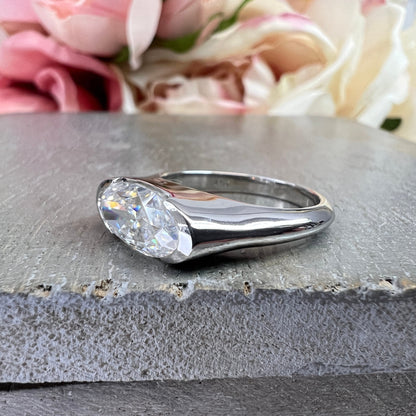 Elongated Oval  Moissanite East West Elongated Oval Moissanite White Gold Bezel Set Moissanite Unique Moissanite Promise Wedding Ring  #7353