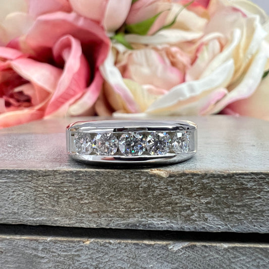 Mens Moissanite Wedding Band Men's Half Eternity Wedding Band, High Polished White Gold Unique Mens Anniversary Promise Engagement Ring 7402