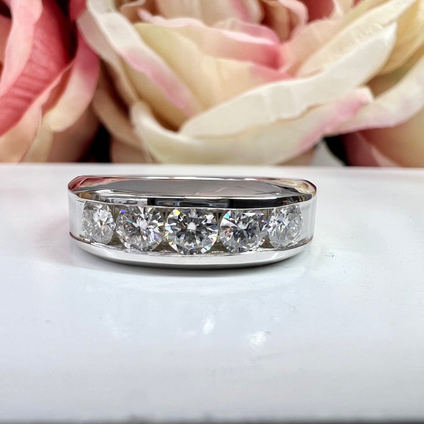 Mens Moissanite Wedding Band Men's Half Eternity Wedding Band, High Polished White Gold Unique Mens Anniversary Promise Engagement Ring 7402