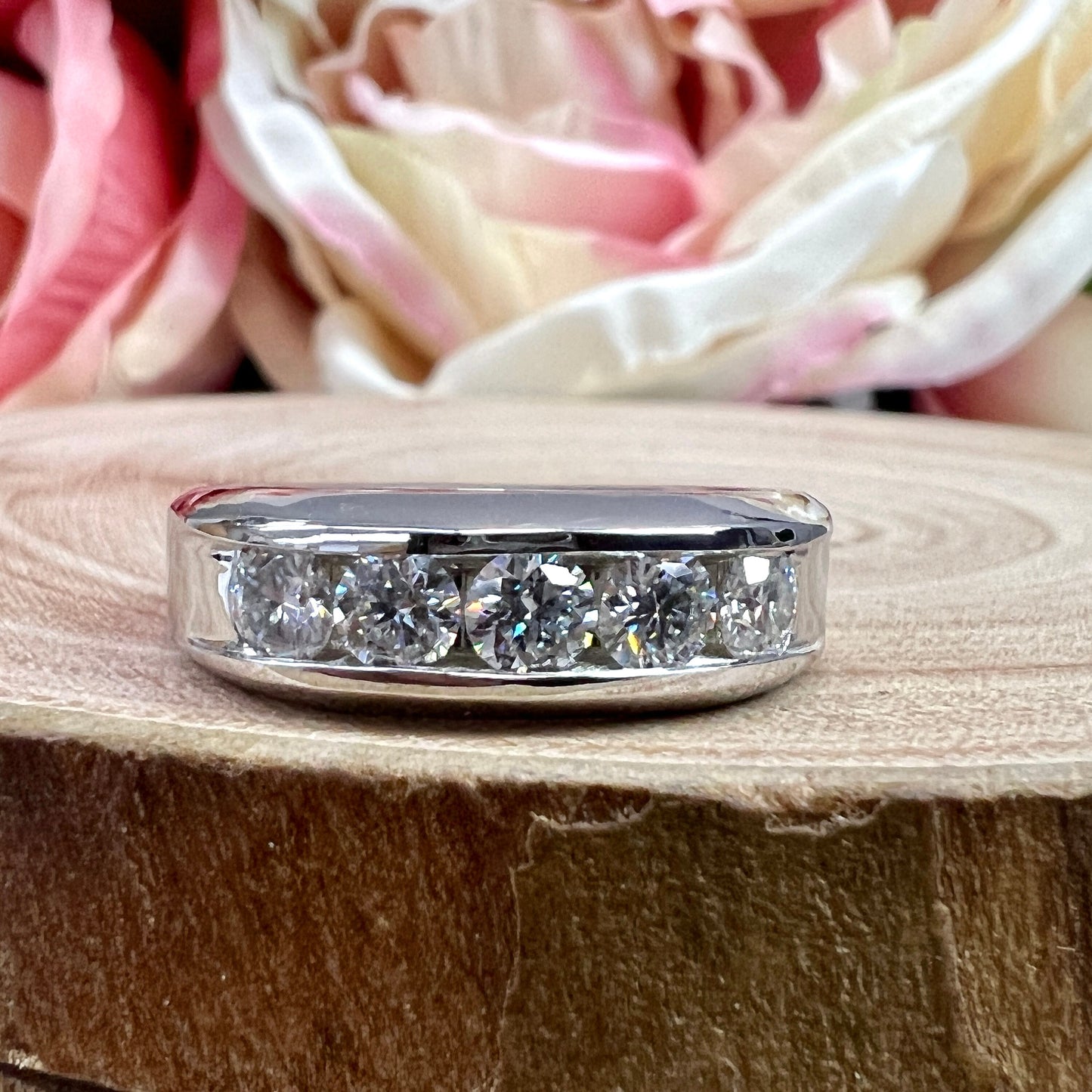 Mens Moissanite Wedding Band Men's Half Eternity Wedding Band, High Polished White Gold Unique Mens Anniversary Promise Engagement Ring 7402