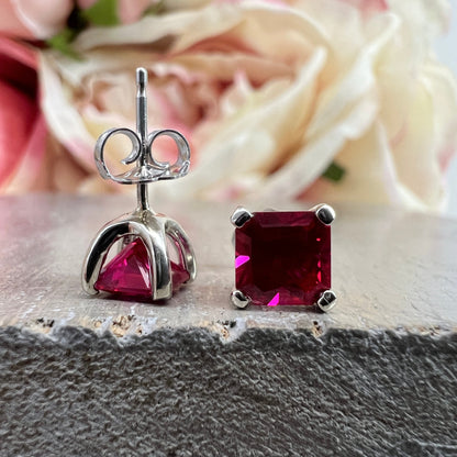 Radiant Cut Studs / Bloody Red Ruby Ladies Earring / Gift Ideas For Her / Anniversary Gift / Dainty Jewelry / 14k White Gold / #6173