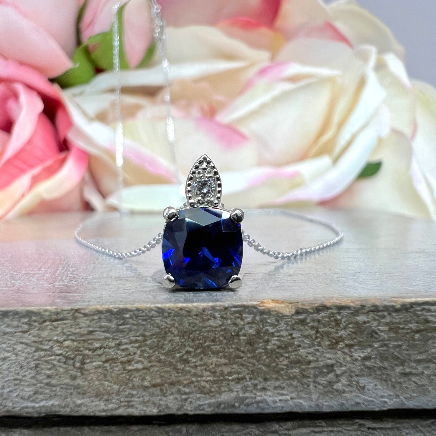 Solitaire Cushion Blue Sapphire Pendant, Sapphire and Diamond Necklace, Ladies Necklace, Engagement Gift, 14k White Gold, #6645