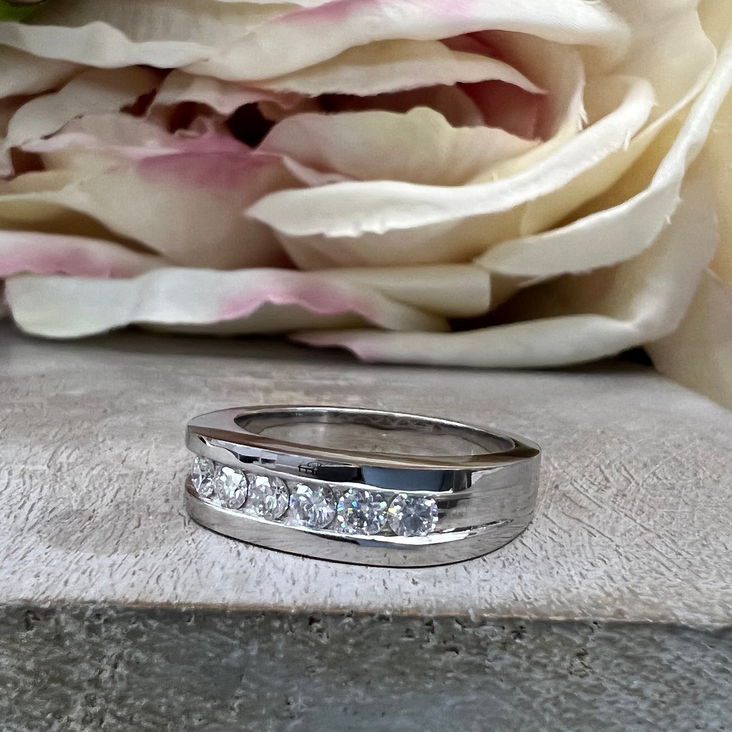 Mens Moissanite Wedding Band White Gold Six Stone Moissanite Wedding Band Unique Mens Band Moissanite Anniversary Band Ring For Men  #7428