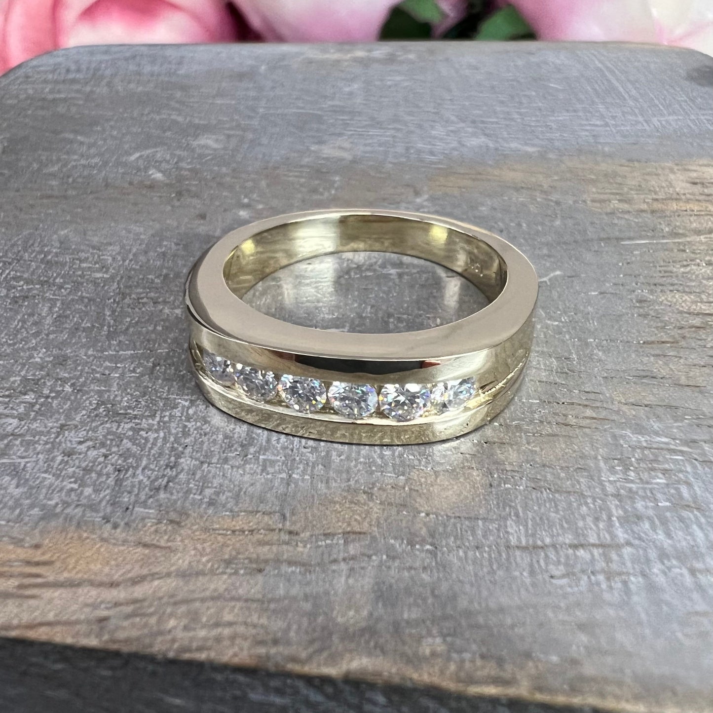 Mens Moissanite Wedding Band Yellow Gold Six Stone Moissanite Wedding Band Unique Mens Band Moissanite Anniversary Band Ring For Men  #7428