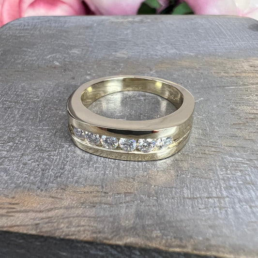 Mens Moissanite Wedding Band Yellow Gold Six Stone Moissanite Wedding Band Unique Mens Band Moissanite Anniversary Band Ring For Men  #7428