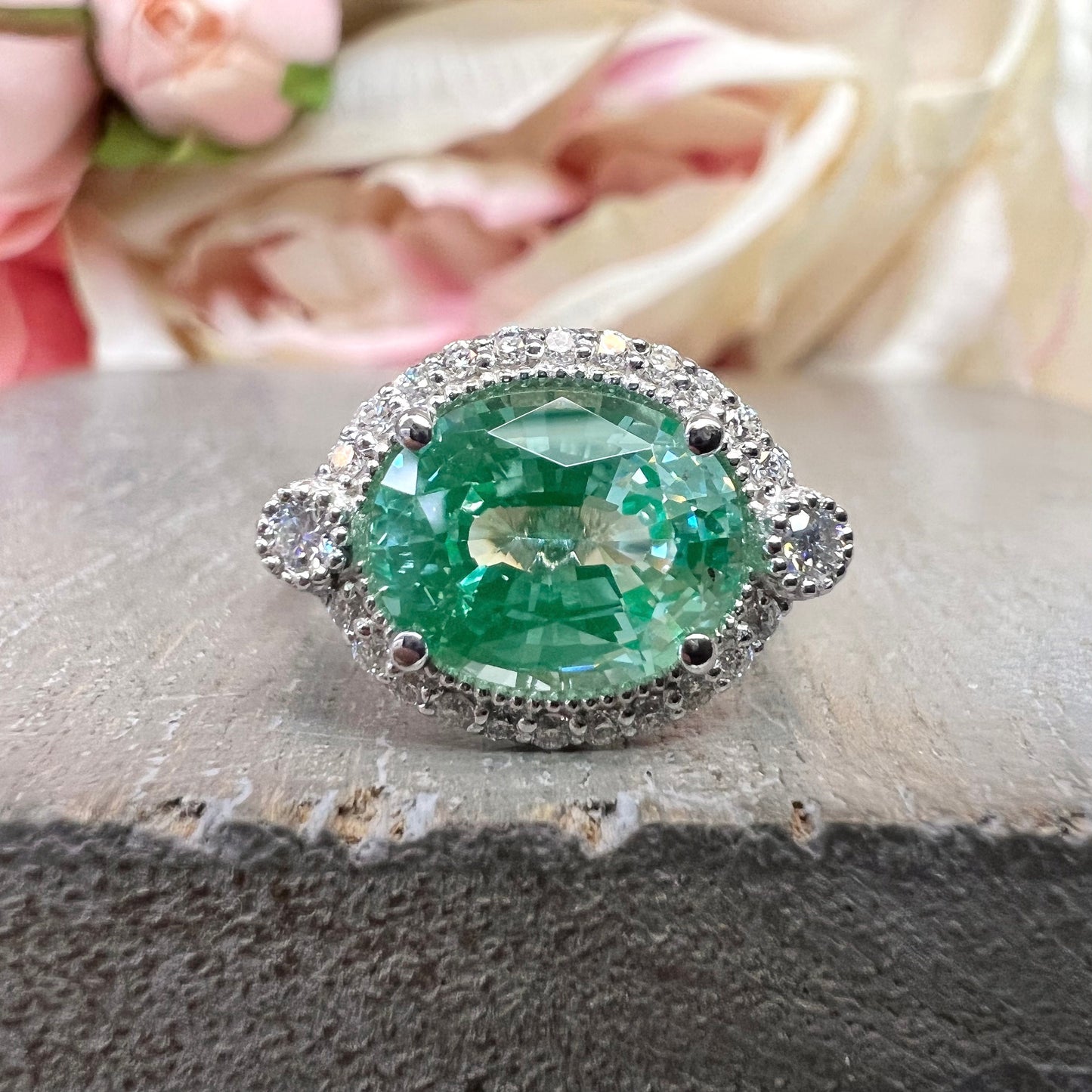 East West Vintage Oval Halo Green Paraiba Engagement Ring  White Gold Unique Vintage Wedding Promise Anniversary  Bridal Ladies Ring   #7416