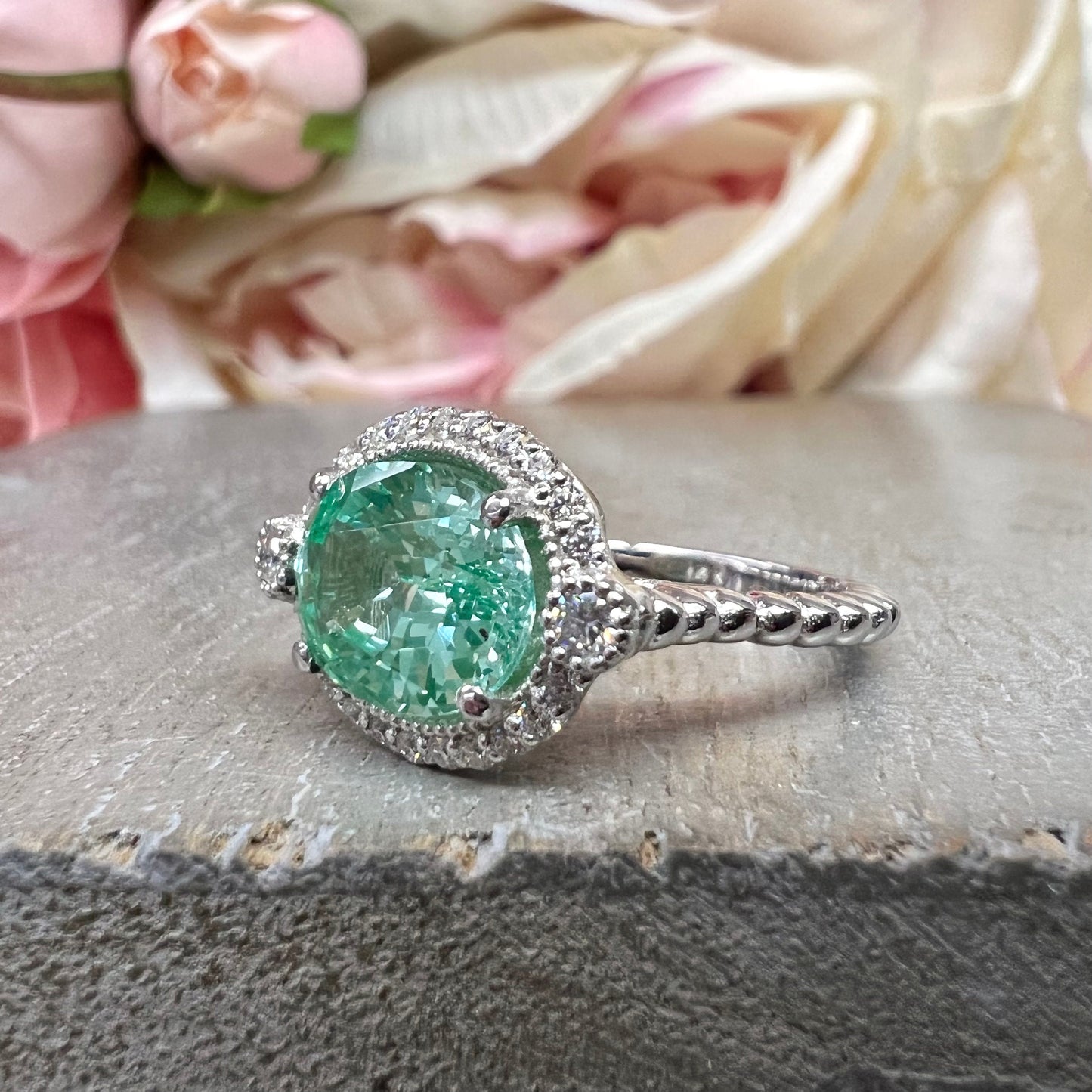 East West Vintage Oval Halo Green Paraiba Engagement Ring  White Gold Unique Vintage Wedding Promise Anniversary  Bridal Ladies Ring   #7416