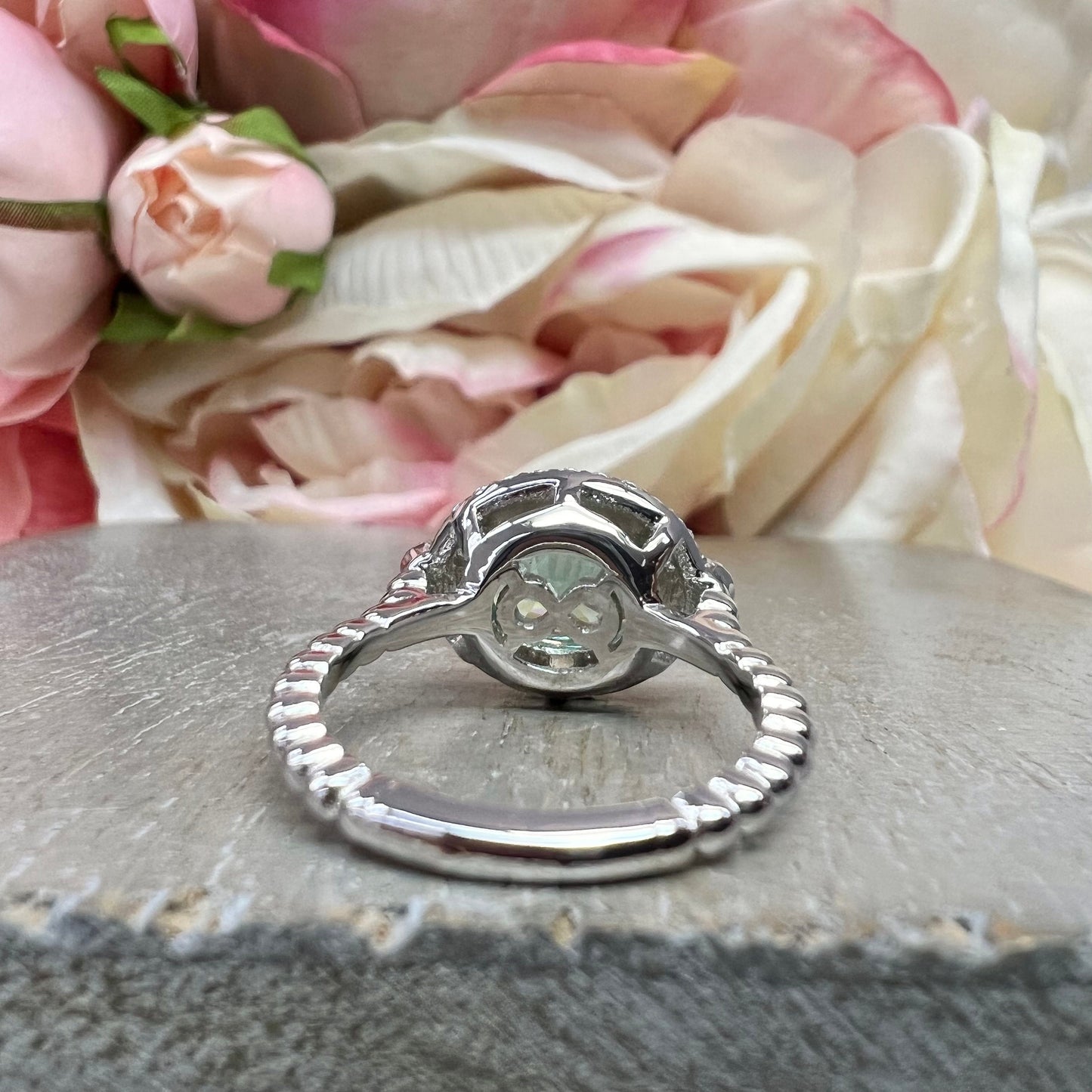 East West Vintage Oval Halo Green Paraiba Engagement Ring  White Gold Unique Vintage Wedding Promise Anniversary  Bridal Ladies Ring   #7416