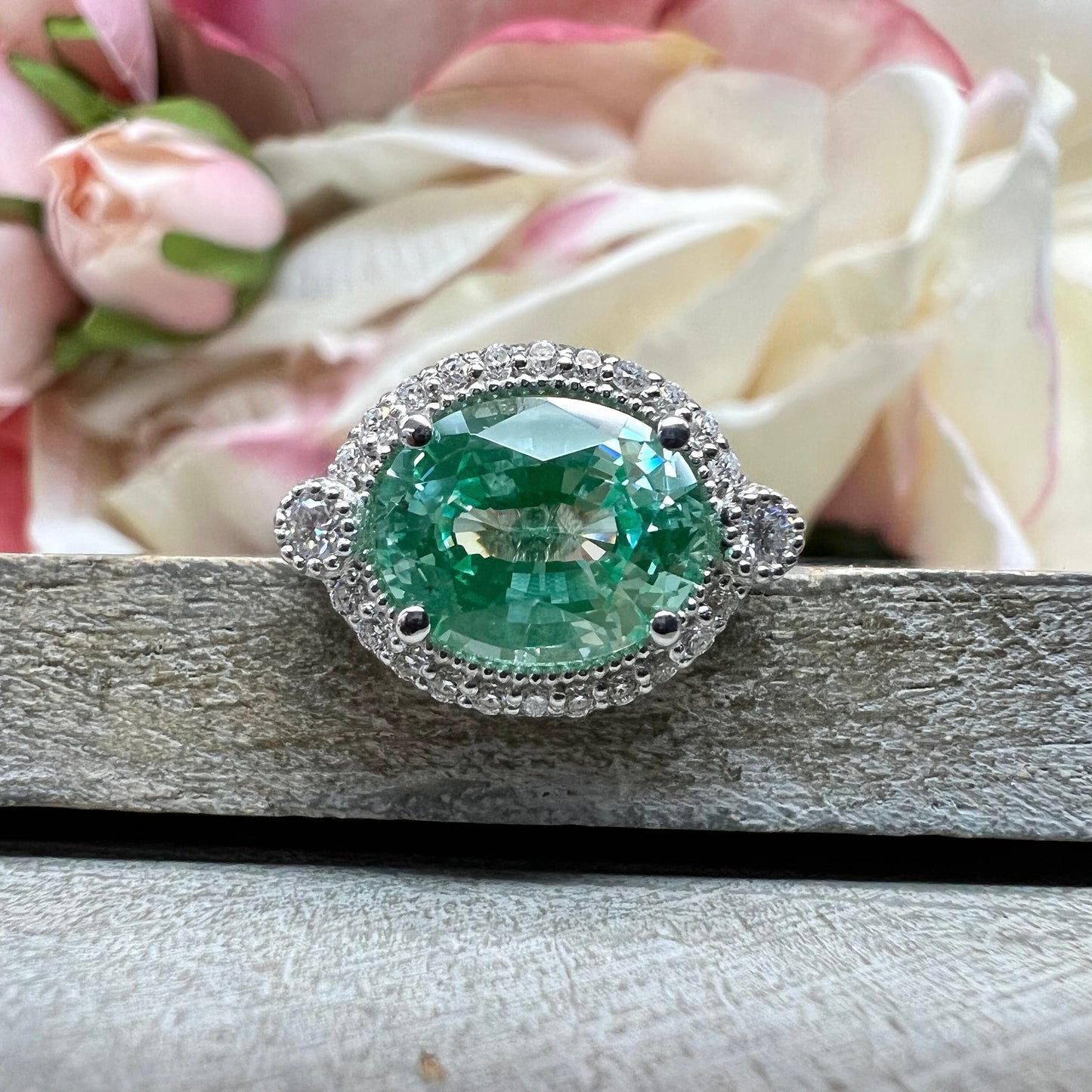 East West Vintage Oval Halo Green Paraiba Engagement Ring  White Gold Unique Vintage Wedding Promise Anniversary  Bridal Ladies Ring   #7416