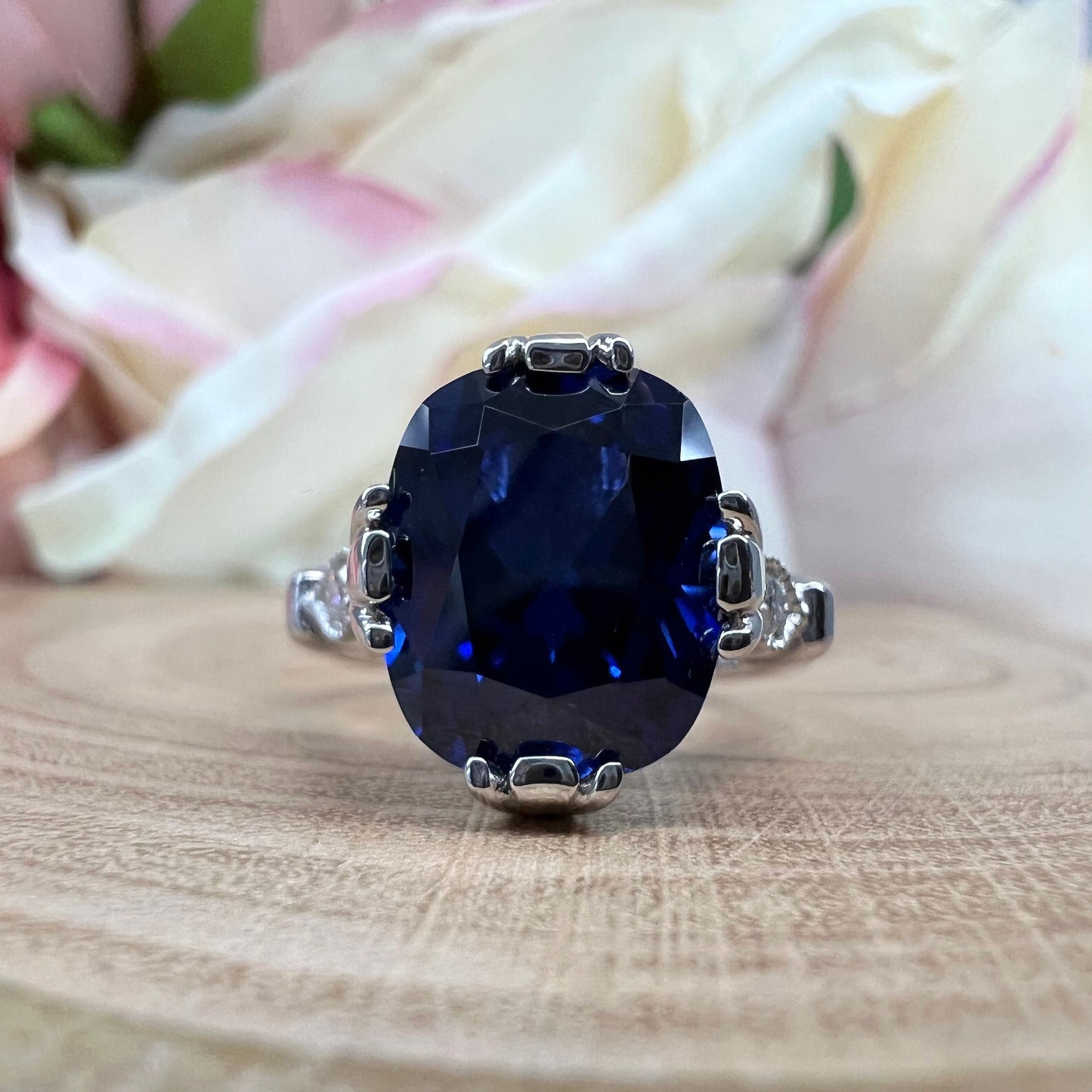 Blue Sapphire Elongated Cushion Cut Engagement Ring White Gold Unique Vintage wedding Promise Anniversary Ring For Women Blue Sapphire #7420