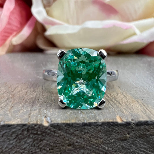Green Paraiba Tourmaline Elongated Cushion Cut Solitaire White Gold Unique Green Paraiba Wedding Promise Anniversary Band For Women  #7421